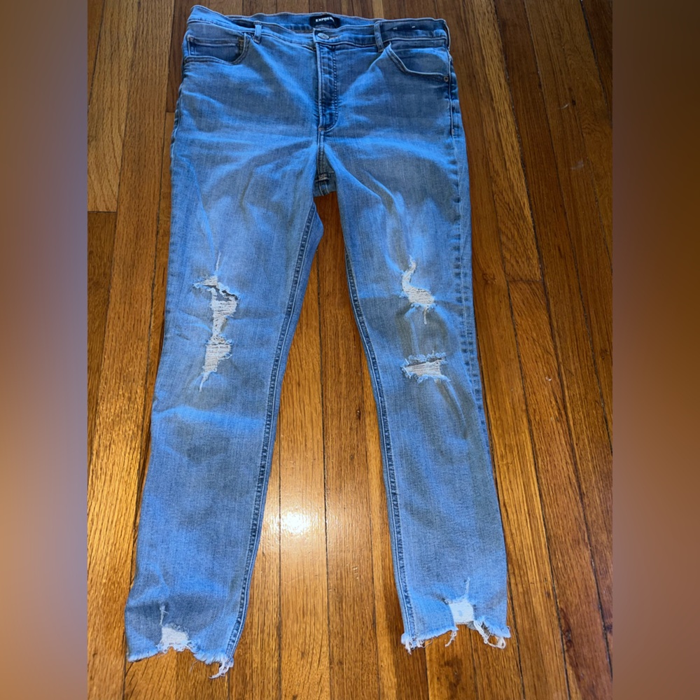 Express curvy skinny high ankle legging rise jeans holes frayed bottoms size 14